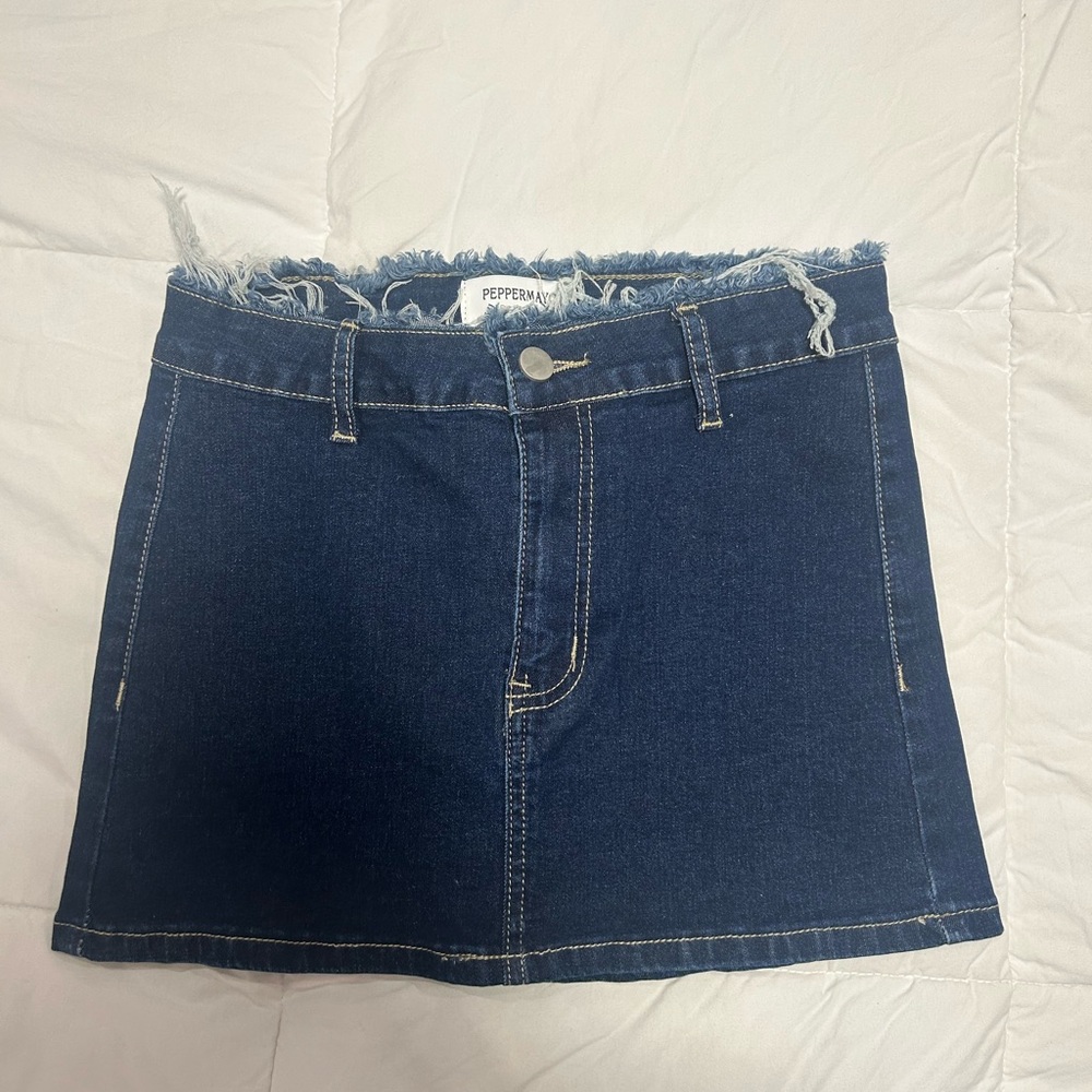 Peppermayo Dark Blue Frayed Hem Skirt